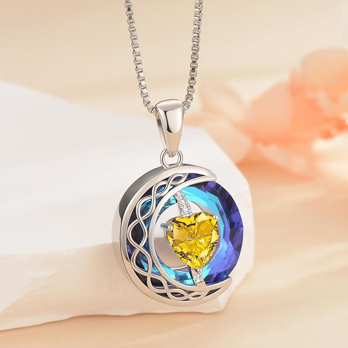LIANYU Necklace for Womens Blue Sapphire Necklace Moon Pendant S925 Sterling Silver Crystal Jewelry for Women Pendant Birthday Gifts for Wife Gifts Valentine Anniversary