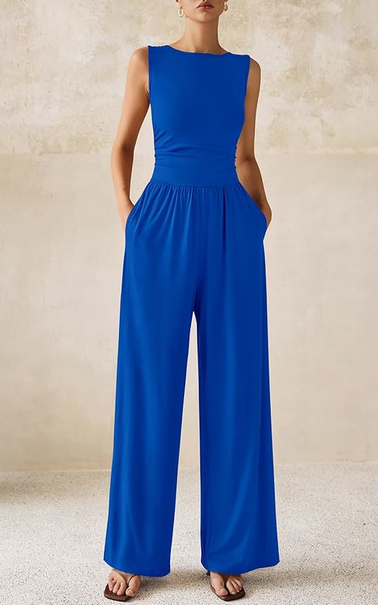 PRETTYGARDEN One Piece Jumpsuits for Women Dressy Casual Sleeveless Crewneck Wide Leg Rompers Jumpers Vacation Summer Outfits