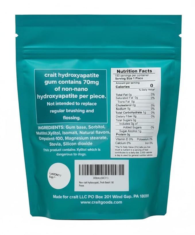 crait Hydroxyapatite Gum Remineralizing Gum with Non-Nano Hydroxyapatite and Xylitol, 70mg HA Per Piece, Sugar-Free Mint Chewing Gum for Fresh Breath 180 Pieces