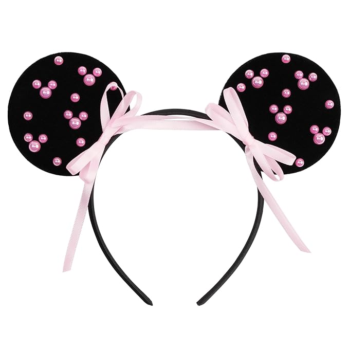 bianbaistar Black Velvet Mouse Ears Headband, Pink Pearl Accents for Theme Park Visit & Parties