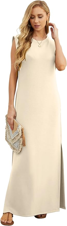 GRECERELLE 2026 Women Year-Round Casual Round Neck Loose Split Wrinkle-Free Long Maxi Vacation Dress with Pockets (XXS-4XL)
