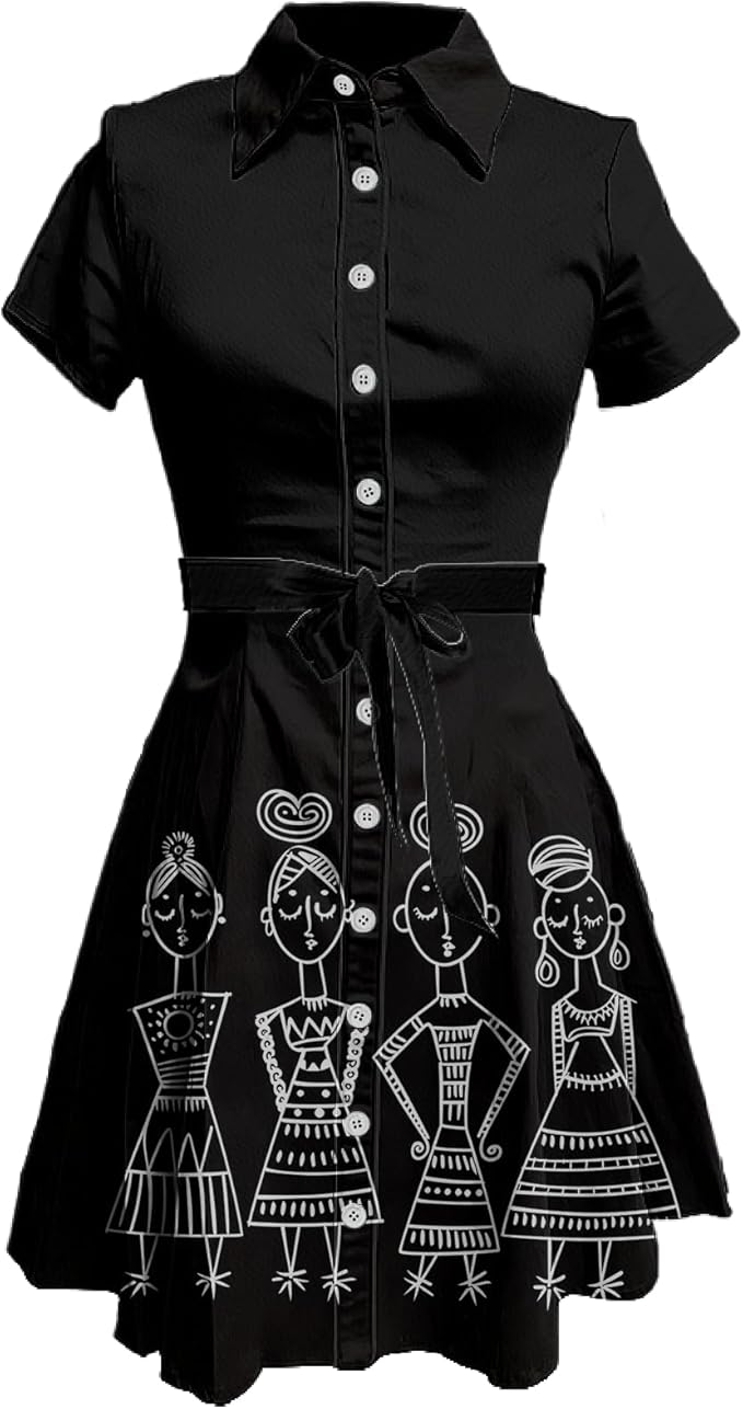MARSVOVO Vintage Retro Shirt Dress for Women Short Sleeve Button Down Tie Waist Elegant Smocked Knee Length Dress