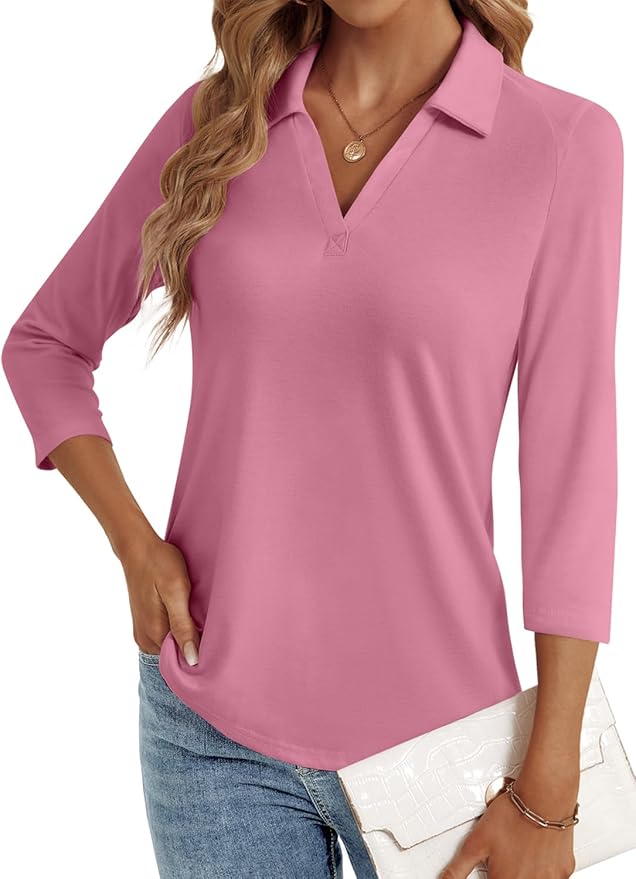 3/4 Length Sleeve Womens Tops Dressy Casual V Neck Polo Shirts Business Work Blouses 2025 Trendy Tunic Top