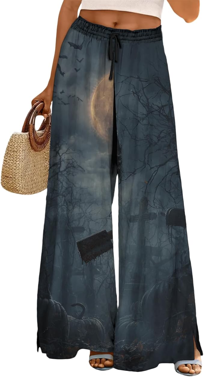 domirica Halloween Pants Women Drawstring Elastic Waist Wide Leg Pants Ladies Pumpkin Ghost Pajama Vintage Street Wear