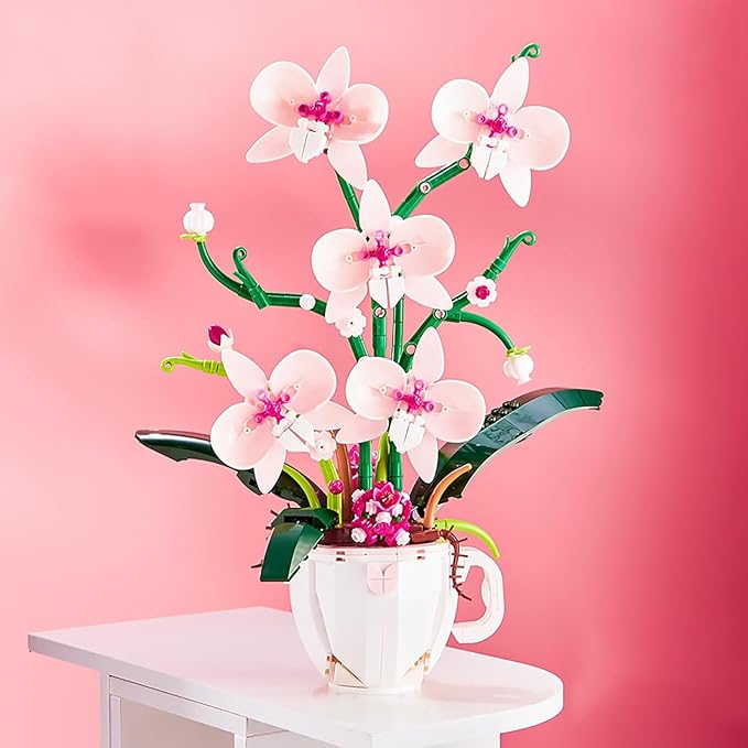 iixeal Pink Orchid Flower Building Set for Adults, Coffee Cup Orchid Botanical Collection Plant Building Kit, Home and Office Decor Gift for Christmas Day, Valentines, Birthday 567pcs