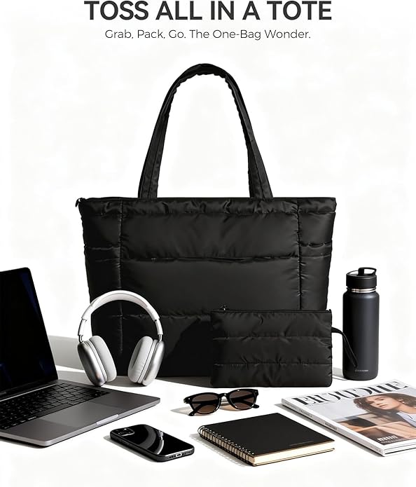 Moyad Puffy Tote Bag for Women with Zipper, Lightweight Quilted Bags Shoulder Handbag for Work, Travel, Gym, Nurse, Teacher