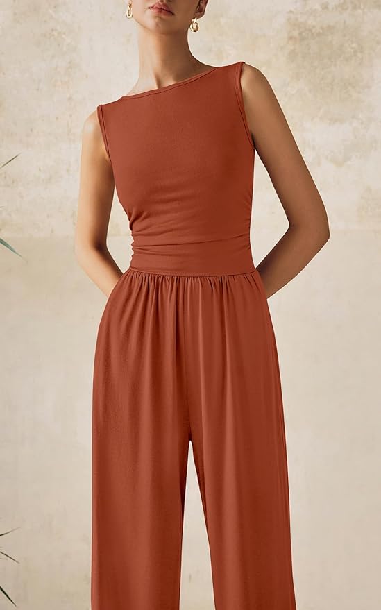 PRETTYGARDEN One Piece Jumpsuits for Women Dressy Casual Sleeveless Crewneck Wide Leg Rompers Jumpers Vacation Summer Outfits