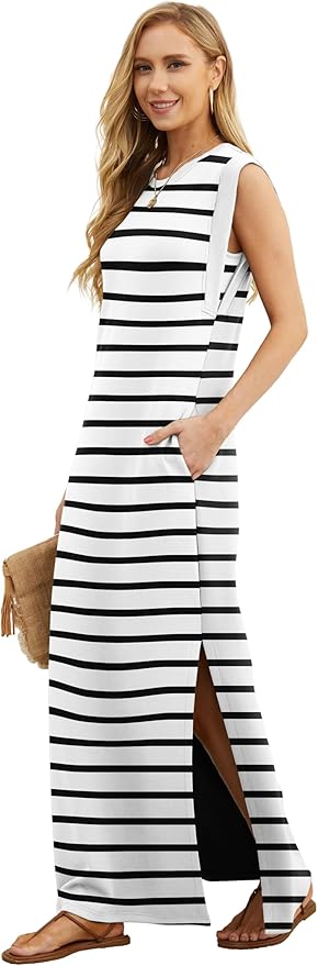 GRECERELLE 2026 Women Year-Round Casual Round Neck Loose Split Wrinkle-Free Long Maxi Vacation Dress with Pockets (XXS-4XL)
