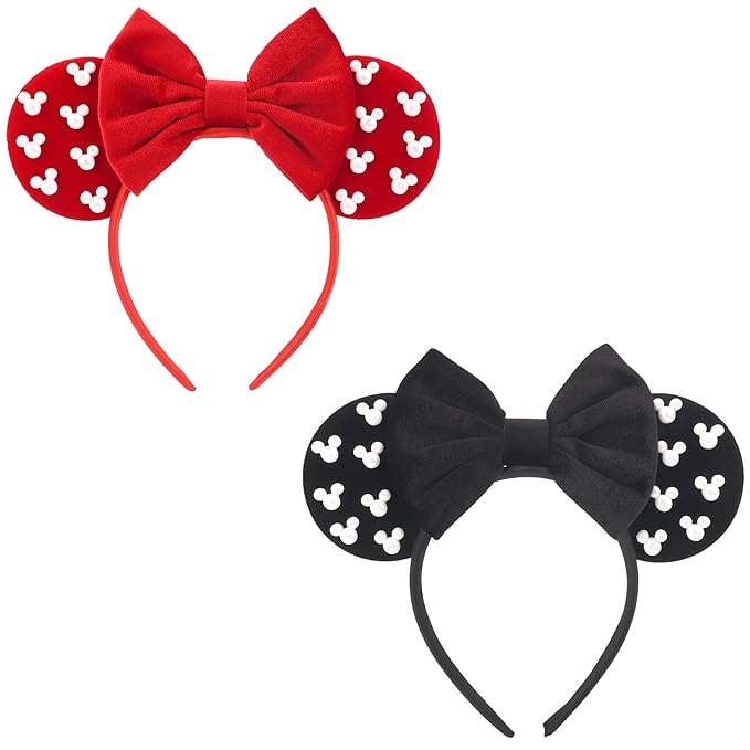 DRESHOW Mouse Ears Headbands for Women Pearl Hairbands Bow Head Bands Velvet Head Band Christmas Cosplay Costume Princess Party Decorations Halloween & Disney Trip