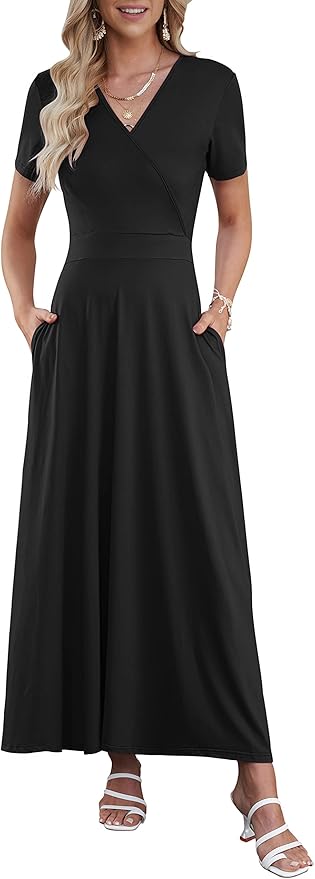 AUSELILY Maxi Dresses for Women Ankle Length Floral Print Beach Long Flowy Dress with Pockets