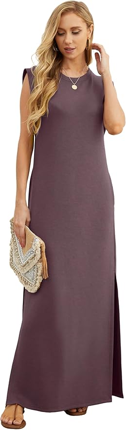 GRECERELLE 2026 Women Year-Round Casual Round Neck Loose Split Wrinkle-Free Long Maxi Vacation Dress with Pockets (XXS-4XL)