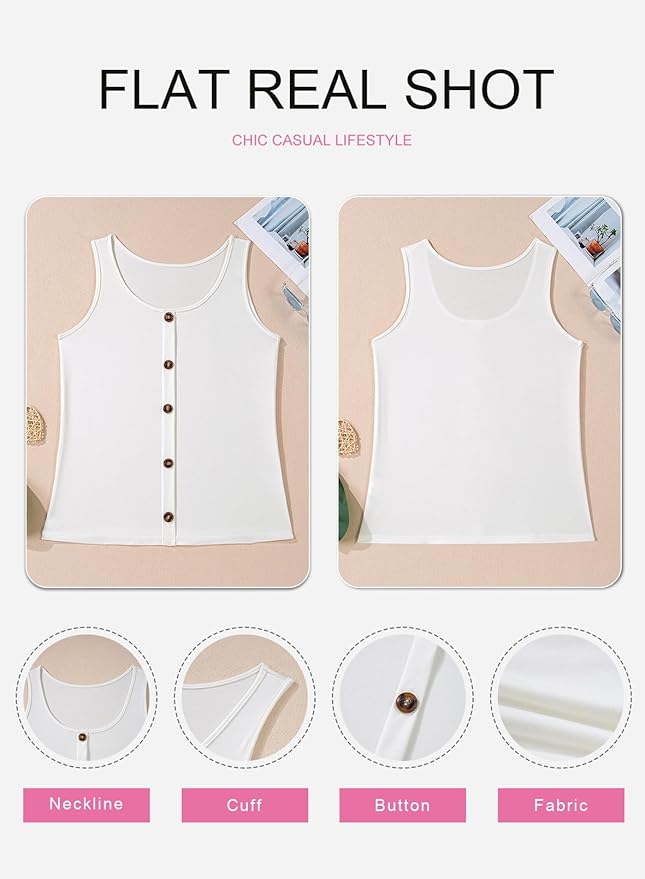 SHEWIN Womens Tank Tops Solid Button Crewneck Sleeveless Summer Tops Loose Fit
