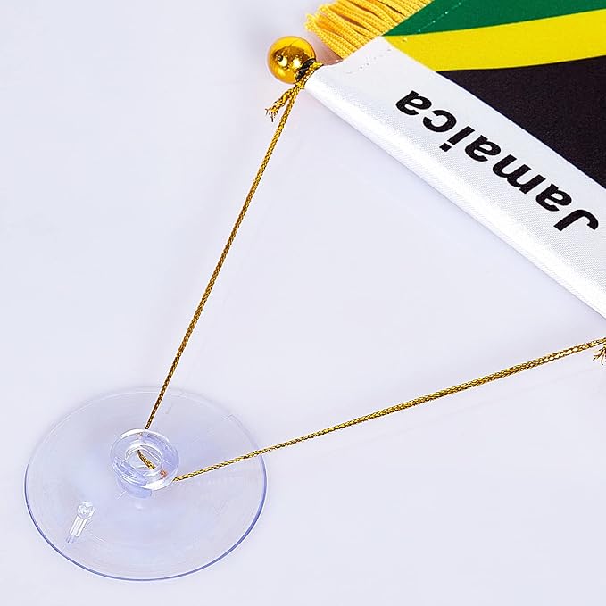 ZXvZYT 3 X 5 Inch Jamaica Window Hanging Flag Jamaican Small Mini Car Flags Banners Rearview Mirror Decoration - with Suction Cup & Golden Fringy Banner(2 Pack)