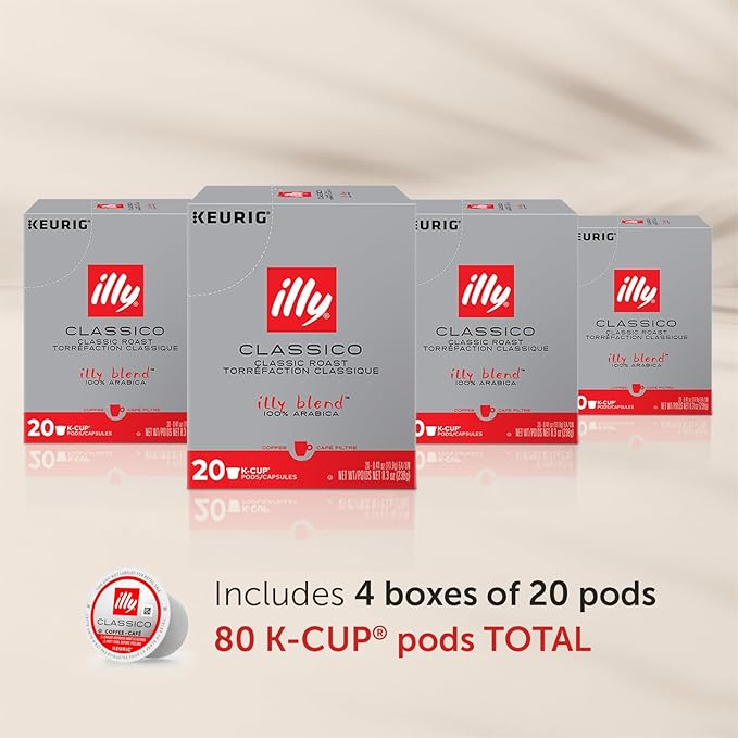 illy Coffee K Cup, Pods for Keurig Machines, Classico Medium Roast, 100% Arabica, Premium Italian Coffee, 20 Count, 4 Pack