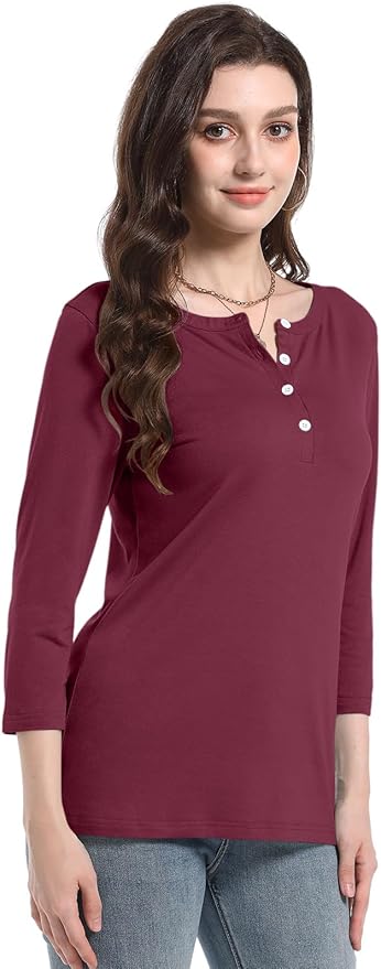 PGANDS Women's 3/4 Length Sleeve T Shirts Button Down Scoop Neck Casual Tops