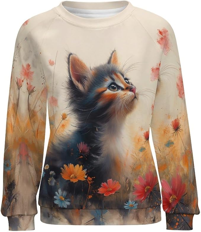 Spatofa Womens novelty funny cat printed crewneck sweatshirt casual loose long sleeve graphic pullover sweatshirts tops