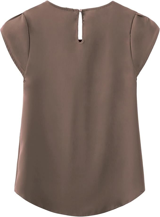 TASAMO Women's Casual Round Neck Basic Pleated Top Cap Sleeve Curved Keyhole Back Chiffon Blouse