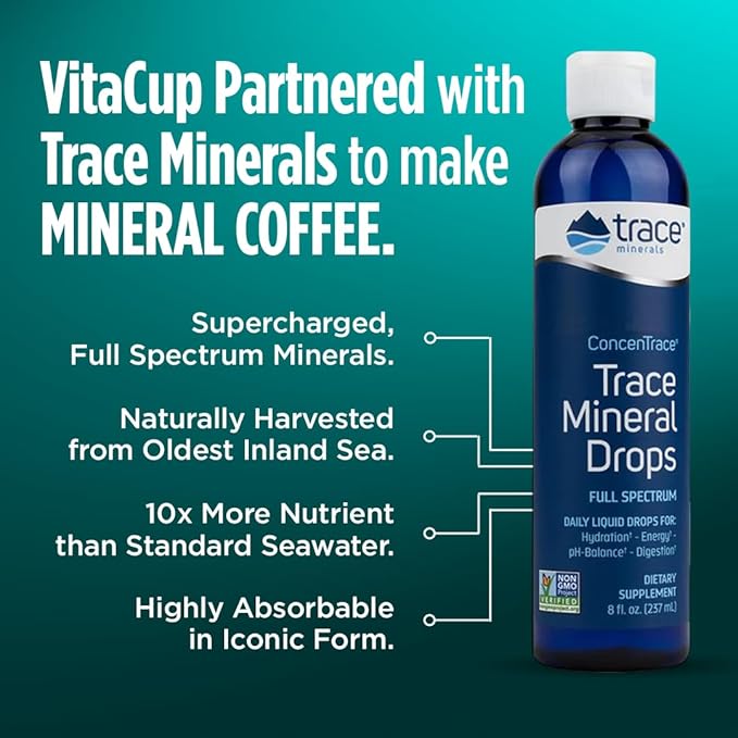 VitaCup Mineral Coffee with Trace Minerals, Hydrate, Replenish & Restore w/All Natural Sea Minerals, Electrolytes, Organic Coffee, Single Origin, Medium Dark Roast, Ground Coffee 10oz