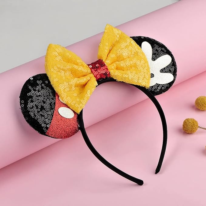 FANYITY Mouse Ears, Sequin Mouse Ears Headband for Girls Women Halloween Birthday Party (Yellow Bow08)