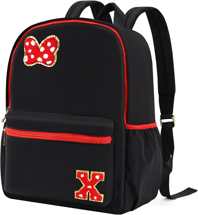 Preppy Initial Bow Mouse Backpacks for Girls 14.6 Inch, Black Kids Backpacks Ages 3-10 for Park Travel Preschool Elementary School, Lightweight Bookbag Birthday Back to School Gifts for Little Girls X