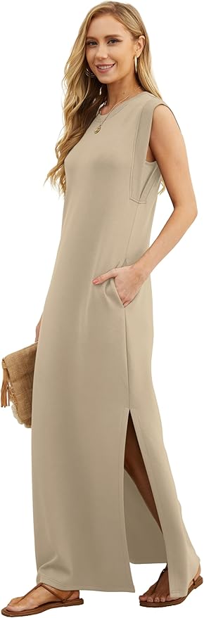 GRECERELLE 2026 Women Year-Round Casual Round Neck Loose Split Wrinkle-Free Long Maxi Vacation Dress with Pockets (XXS-4XL)