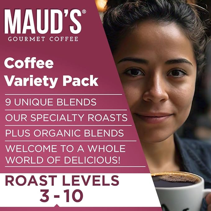 Maud's Original Coffee Pods Variety Pack, 80 ct, 9 Assorted Roasts, Dark & Medium Roast Coffee in Recyclable Single Serve Pods – 100% Arabica Coffee, Compatible with Keurig K Cups Maker