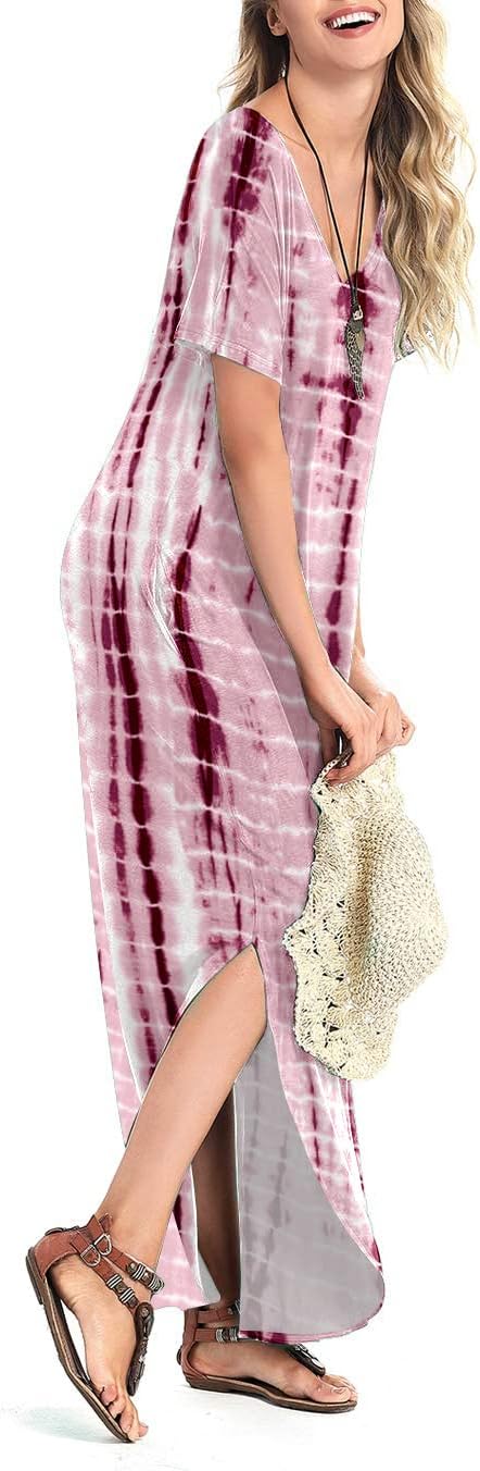 Arolina Women's Summer Maxi Dress Short Sleeve V Neck Casual Loose Long Beach Split Dresses with Pockets