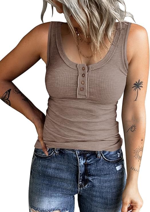 KINLONSAIR Women's Sleeveless Henley Tank Tops Ribbed V Neck Button Down T Shirts Summer Slim Fit Tee Tops