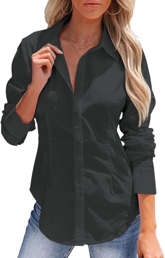 siliteelon Women's Button Down Shirts Long Sleeve Dress Shirts Wrinkle Free Collared Work Office Solid Blouses Corset Tops