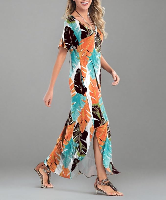 Arolina Women's Summer Maxi Dress Short Sleeve V Neck Casual Loose Long Beach Split Dresses with Pockets