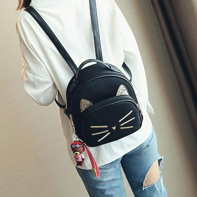 XMRSOY Teen Girls Cute Cat Mini Backpack Velvet Daypack Portable Shoulder Bag