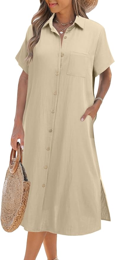 Zeagoo Women Dresses Summer Casual Short Sleeve Button Down Shirt Dresses 2025 Beach Cover Up with Pockets