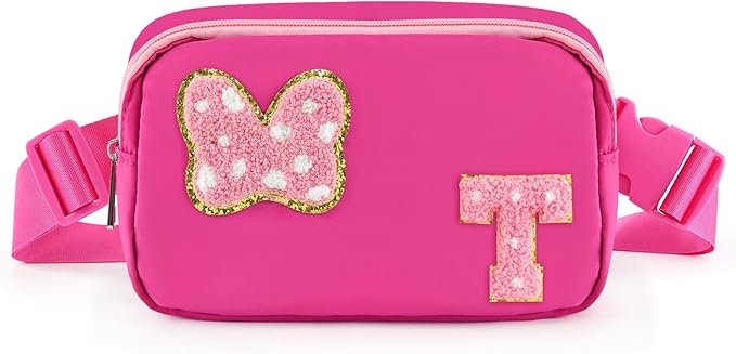 Chenille Initial Letter Bow Mouse Fanny Pack, Waterproof Park Crossbody Bag Christmas Birthday Gifts for Teen Girls Daughter Women Kids Adults, Cute Belt Bag Must Haves for Park Travel (T, Rose Red)
