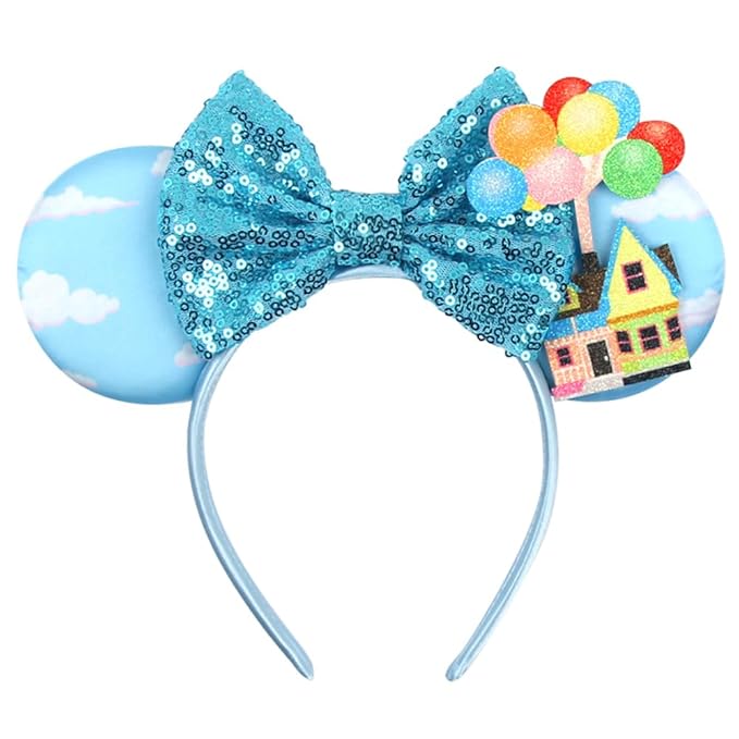 WW-WONDERFULWORLD Mouse Ears Headbands with Shiny Blue Bows, for Costume Cosplay Glitter Party, Sky + Balloon + House; 2QQ