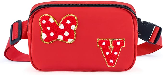 Chenille Initial Letter Bow Mouse Fanny Pack, Waterproof Park Crossbody Bag Christmas Birthday Gifts for Teen Girls Daughter Women Kids Adults, Cute Belt Bag Must Haves for Park Travel (V, Red)