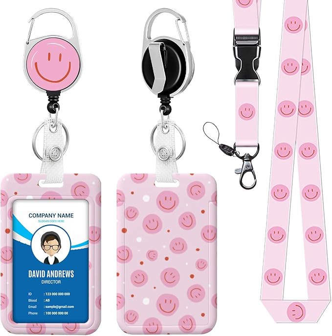 Lanyard for ID Badge Holder Badge Reel Cute Fun Pink Smiley for Man Women Cute Nurse Teacher Name Tag Clip Retractable Keychain Heavy Duty Work Office Gifts Accessories