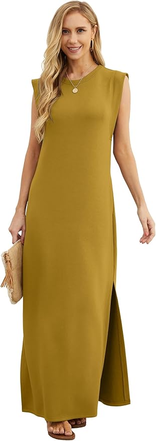 GRECERELLE 2026 Women Year-Round Casual Round Neck Loose Split Wrinkle-Free Long Maxi Vacation Dress with Pockets (XXS-4XL)
