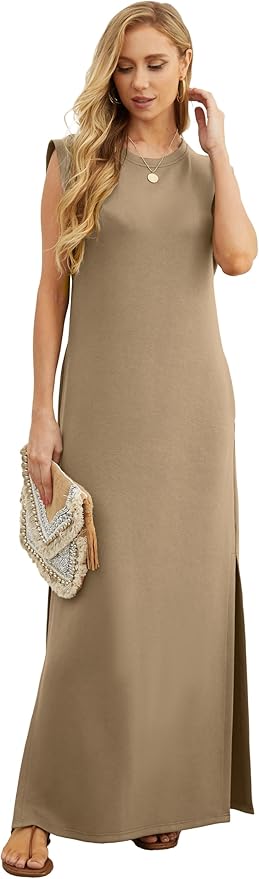 GRECERELLE 2026 Women Year-Round Casual Round Neck Loose Split Wrinkle-Free Long Maxi Vacation Dress with Pockets (XXS-4XL)