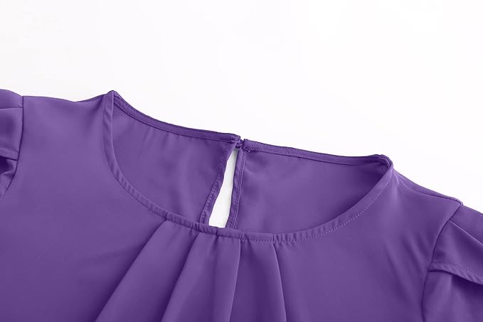 TASAMO Women's Casual Round Neck Basic Pleated Top Cap Sleeve Curved Keyhole Back Chiffon Blouse