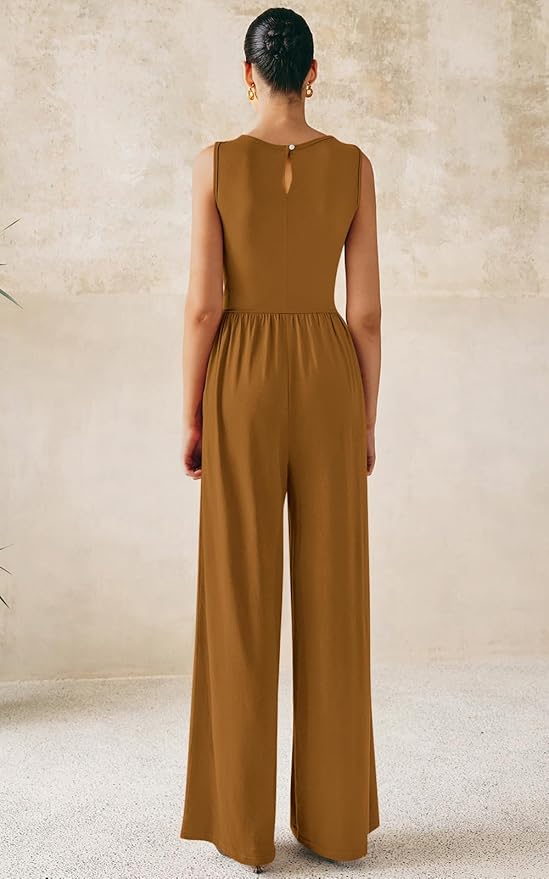 PRETTYGARDEN One Piece Jumpsuits for Women Dressy Casual Sleeveless Crewneck Wide Leg Rompers Jumpers Vacation Summer Outfits