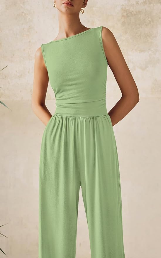 PRETTYGARDEN One Piece Jumpsuits for Women Dressy Casual Sleeveless Crewneck Wide Leg Rompers Jumpers Vacation Summer Outfits
