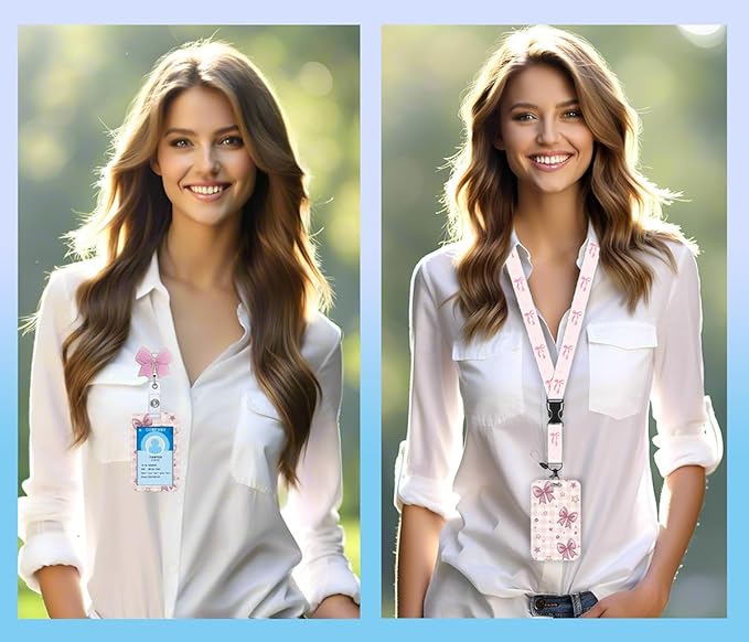 Lanyards for ID Badge Holder Pink Bow Badge Reel for women cute Nurse Teacher Name Tag Clip Retractable Keychain Heavy Duty Work Office Gifts Accessories RN LPN CNA MA Medical Nursing Breakaway