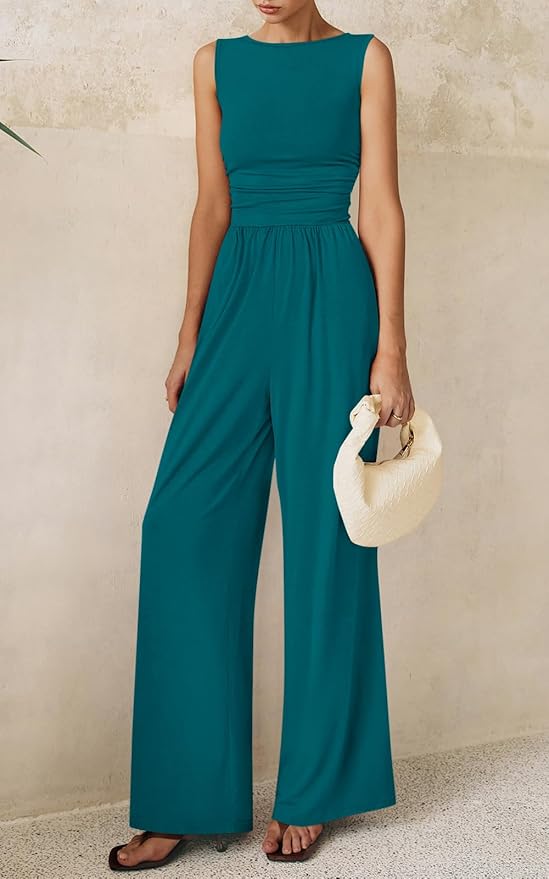 PRETTYGARDEN One Piece Jumpsuits for Women Dressy Casual Sleeveless Crewneck Wide Leg Rompers Jumpers Vacation Summer Outfits