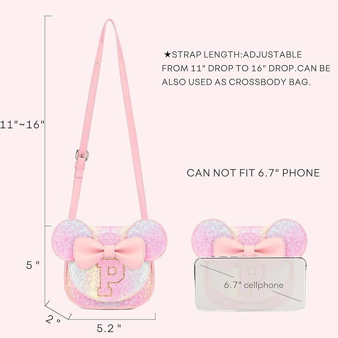 mibasies Toddler Purse Girl Gifts: Girls Birthday Gifts for 3-8 - Toys for Ages 2-4 Girls Mouse Ears Purse, Glitter Rainbow, Letter P