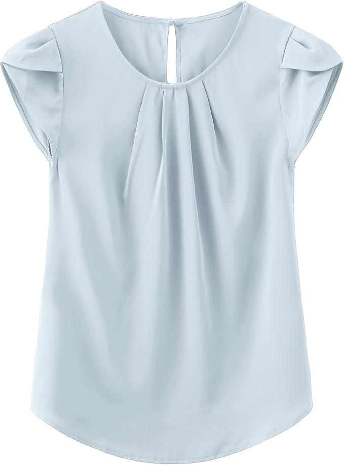 TASAMO Women's Casual Round Neck Basic Pleated Top Cap Sleeve Curved Keyhole Back Chiffon Blouse