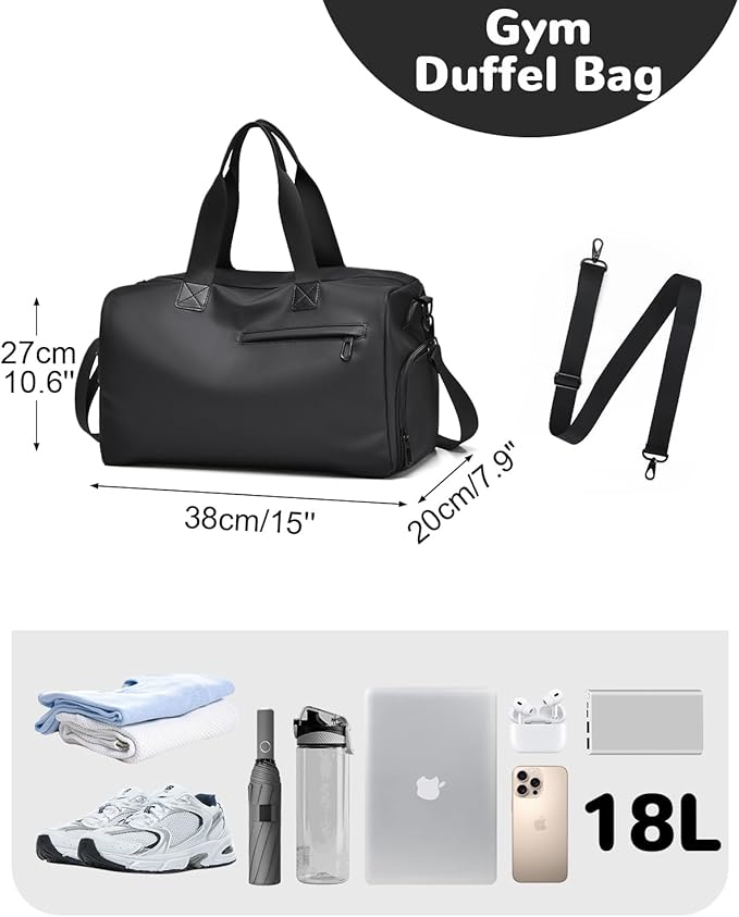 18L Waterproof Gym Duffel Bag with Shoe Compartment & Wet Pocket for Men Women, Small Personal Item Travel Bag, Black