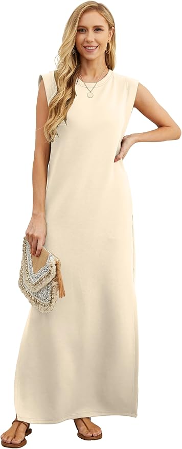 GRECERELLE 2026 Women Year-Round Casual Round Neck Loose Split Wrinkle-Free Long Maxi Vacation Dress with Pockets (XXS-4XL)