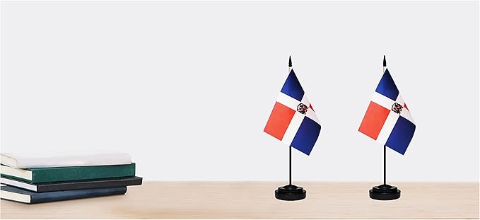 Dominica Dominican Deluxe Desk Flag Set Small Mini Miniature Dominica Dominican Table Desktop Flags With Solid Pole, Black Base and Spear Top(2 Pack)