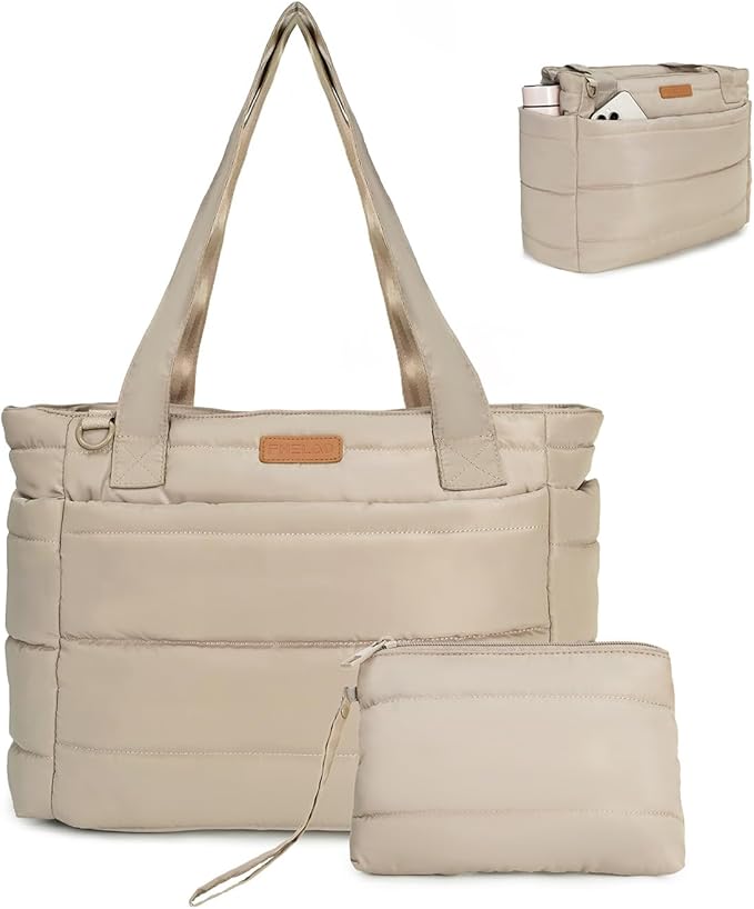 Quilted Puffer Tote Bag for Women, Waterproof Lightweight Work Bag for Nurse/Commuter with 16" Laptop Pocket | Puffer Tote Bag