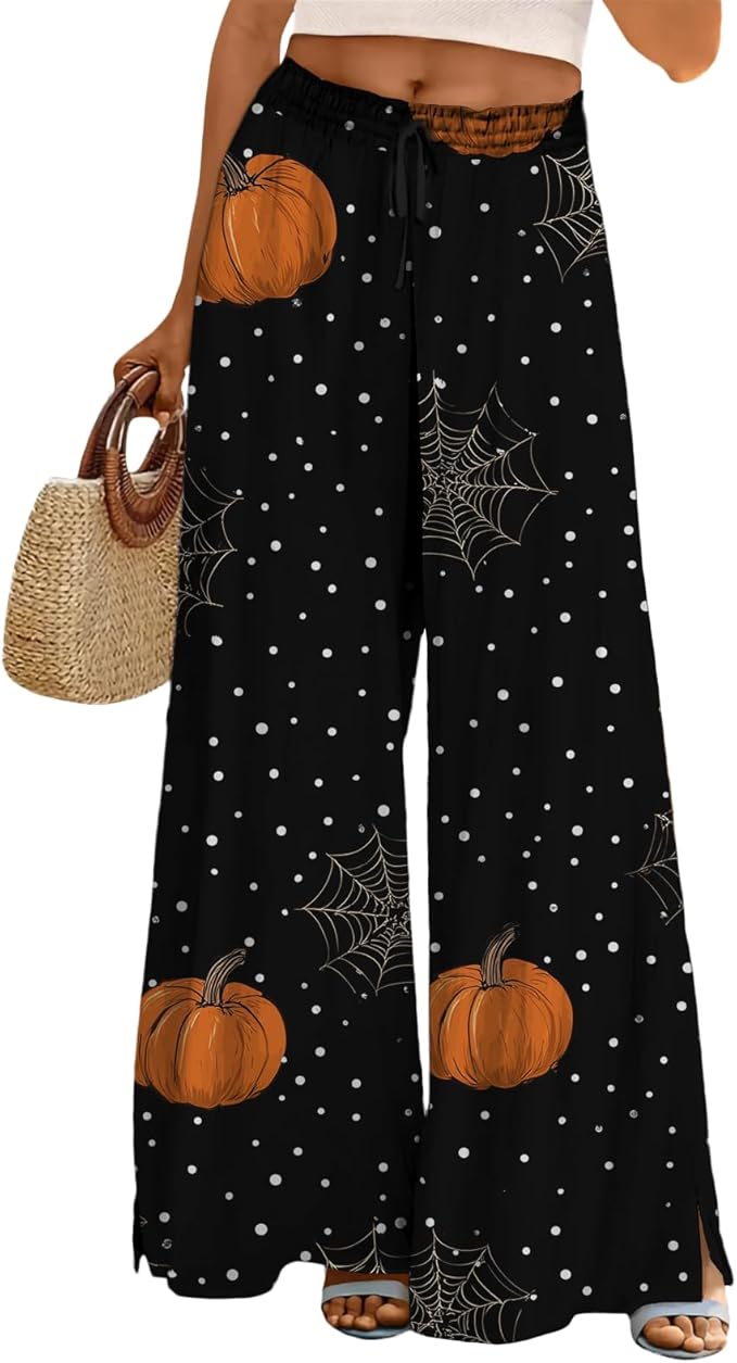 domirica Halloween Pants Women Drawstring Elastic Waist Wide Leg Pants Ladies Pumpkin Ghost Pajama Vintage Street Wear
